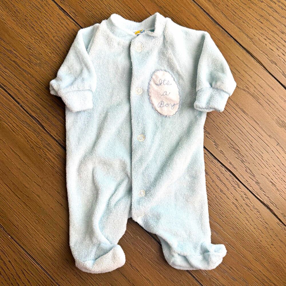 Vintage Preemie button blue Sleeper embroidered "It's a Boy"